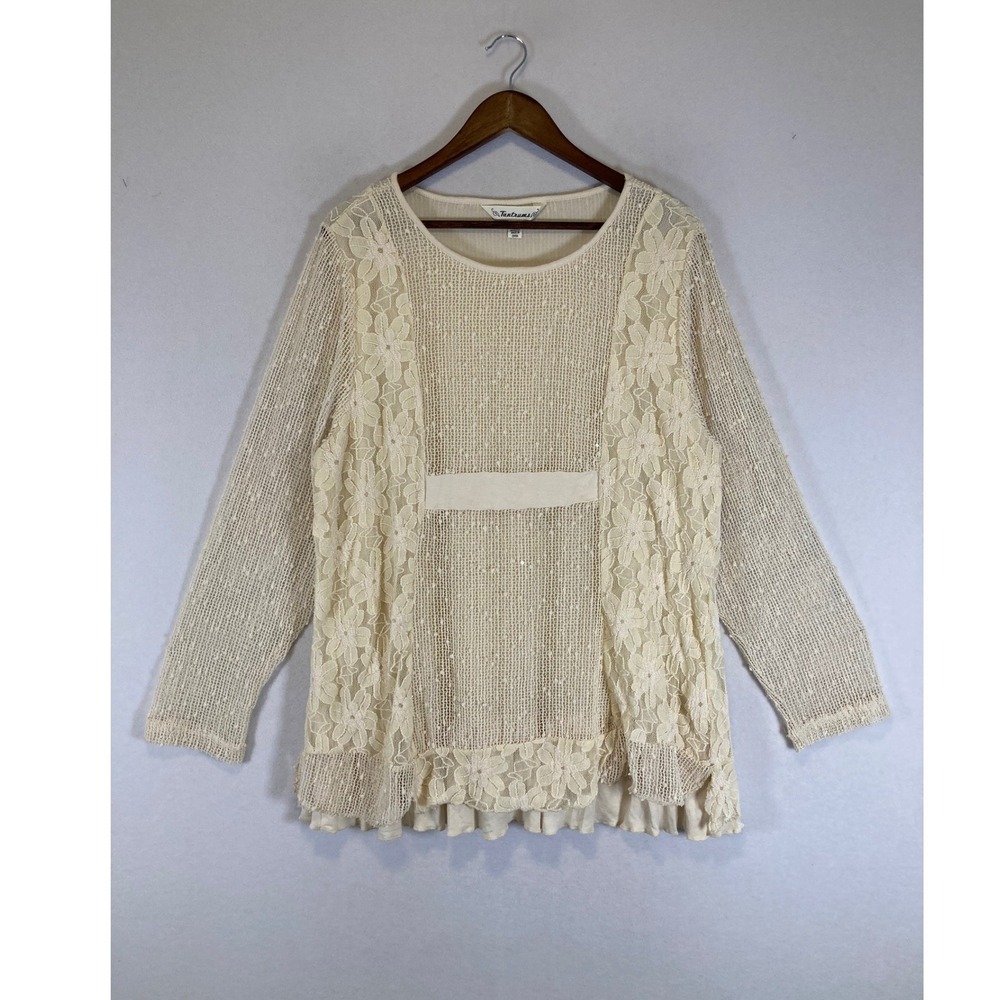 Boho Romantic Tantrums‎ Women XXL Ivory Floral Lace Sequin Layered Ruffle Tunic